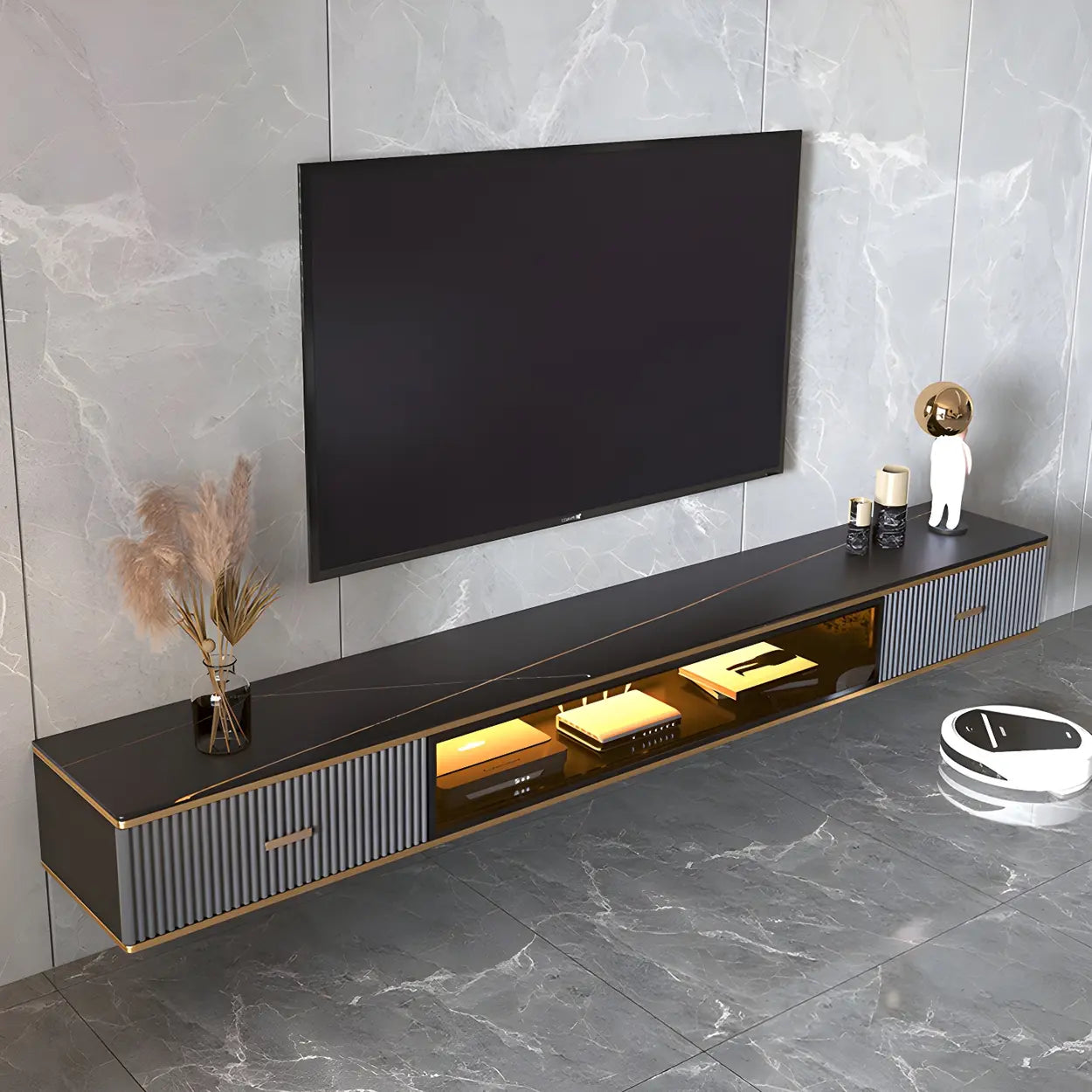 Black Stone Floating TV Stand with Drawers