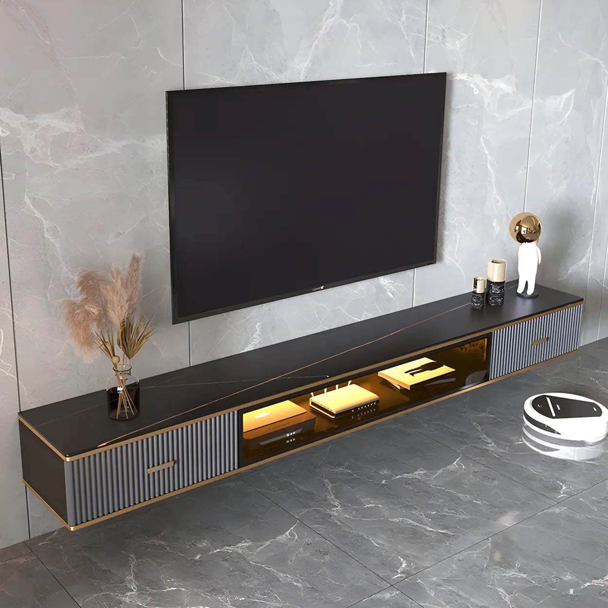 Black Stone Floating TV Stand with Drawers