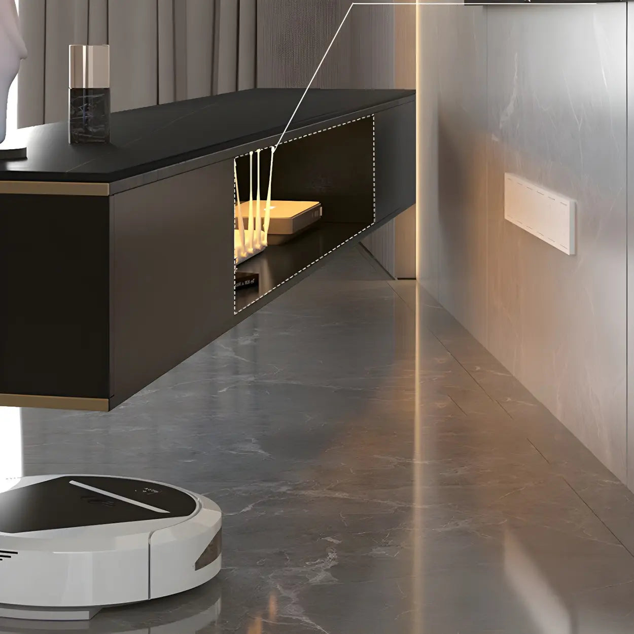 Black Stone Floating TV Stand with Drawers — Champagne