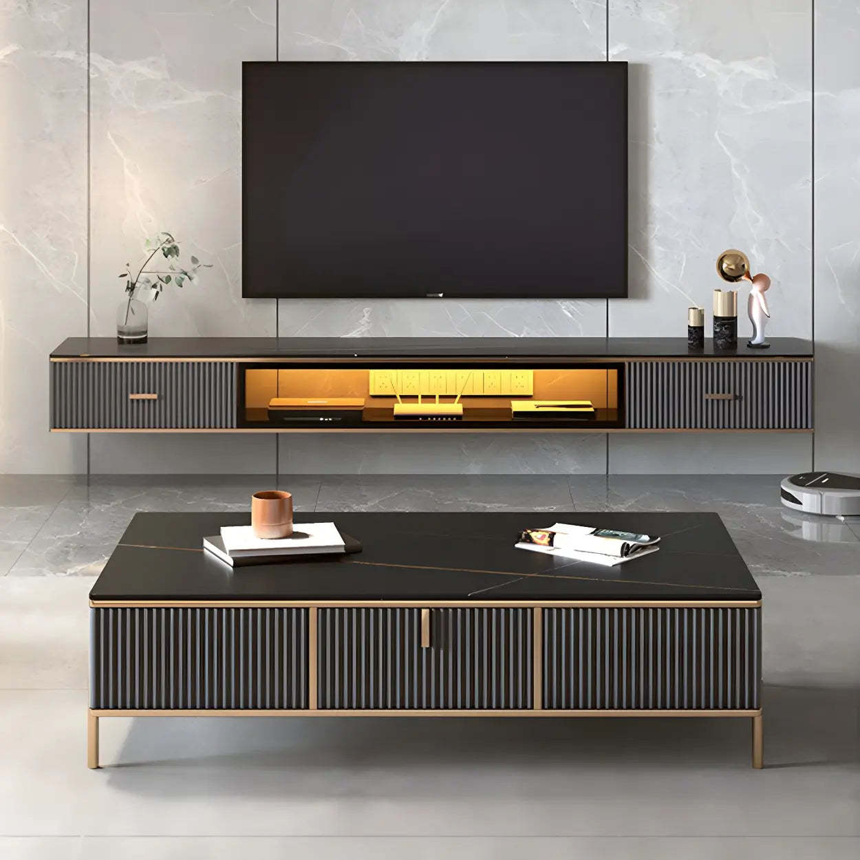 Black Stone Floating TV Stand with Drawers