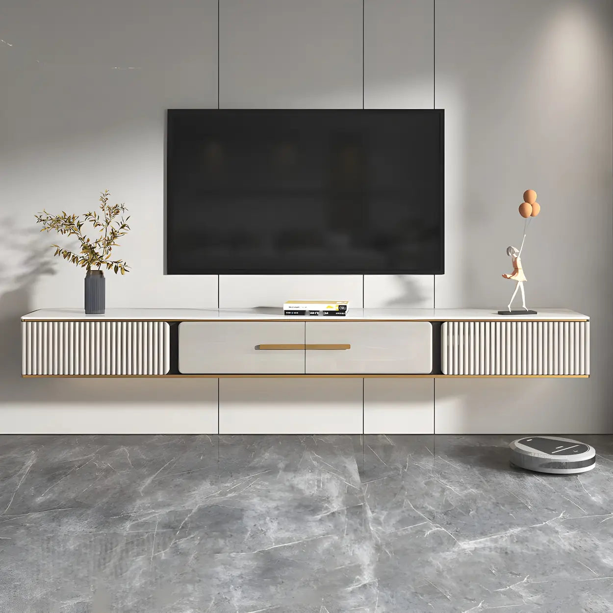 Black Stone Floating TV Stand with Drawers