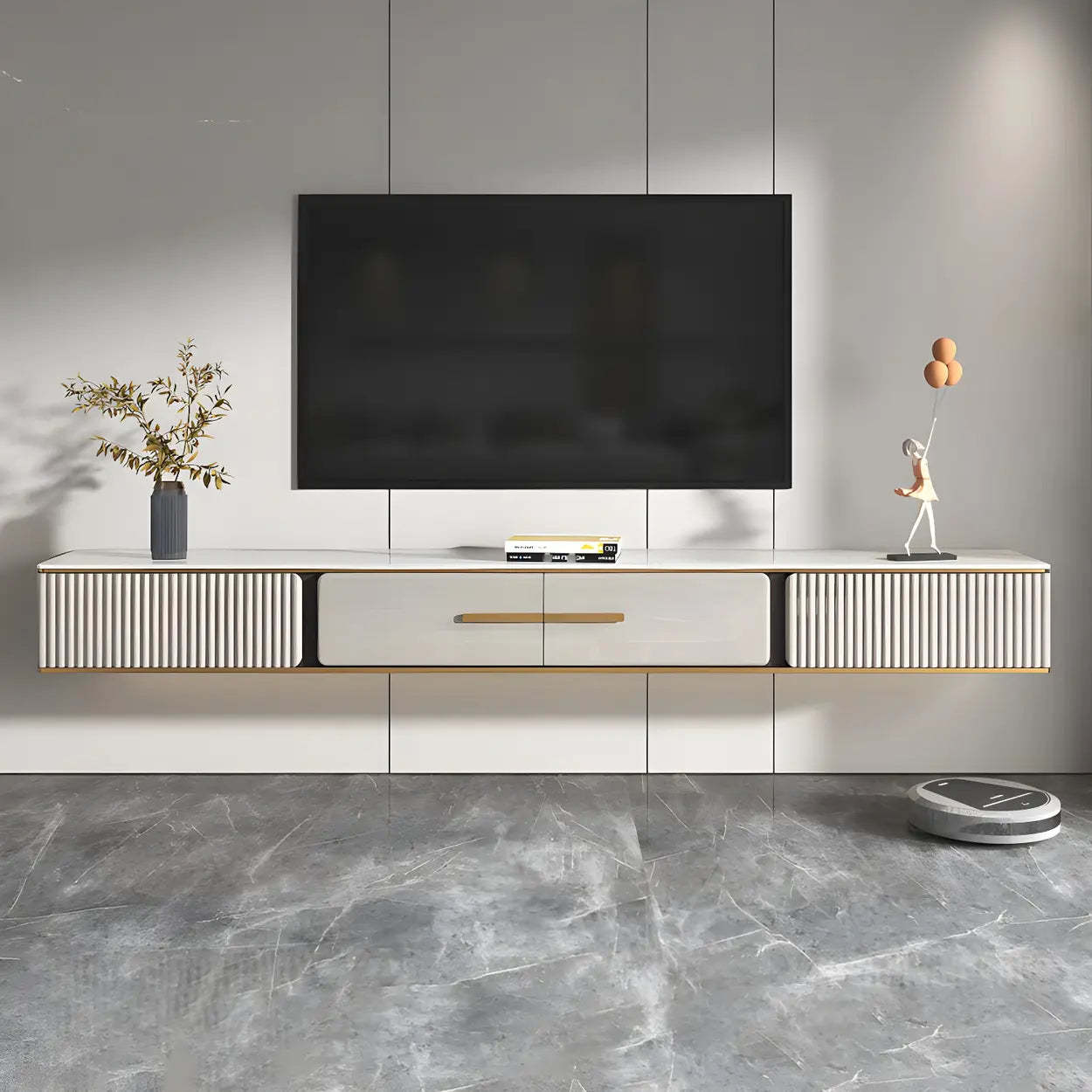 Black Stone Floating TV Stand with Drawers