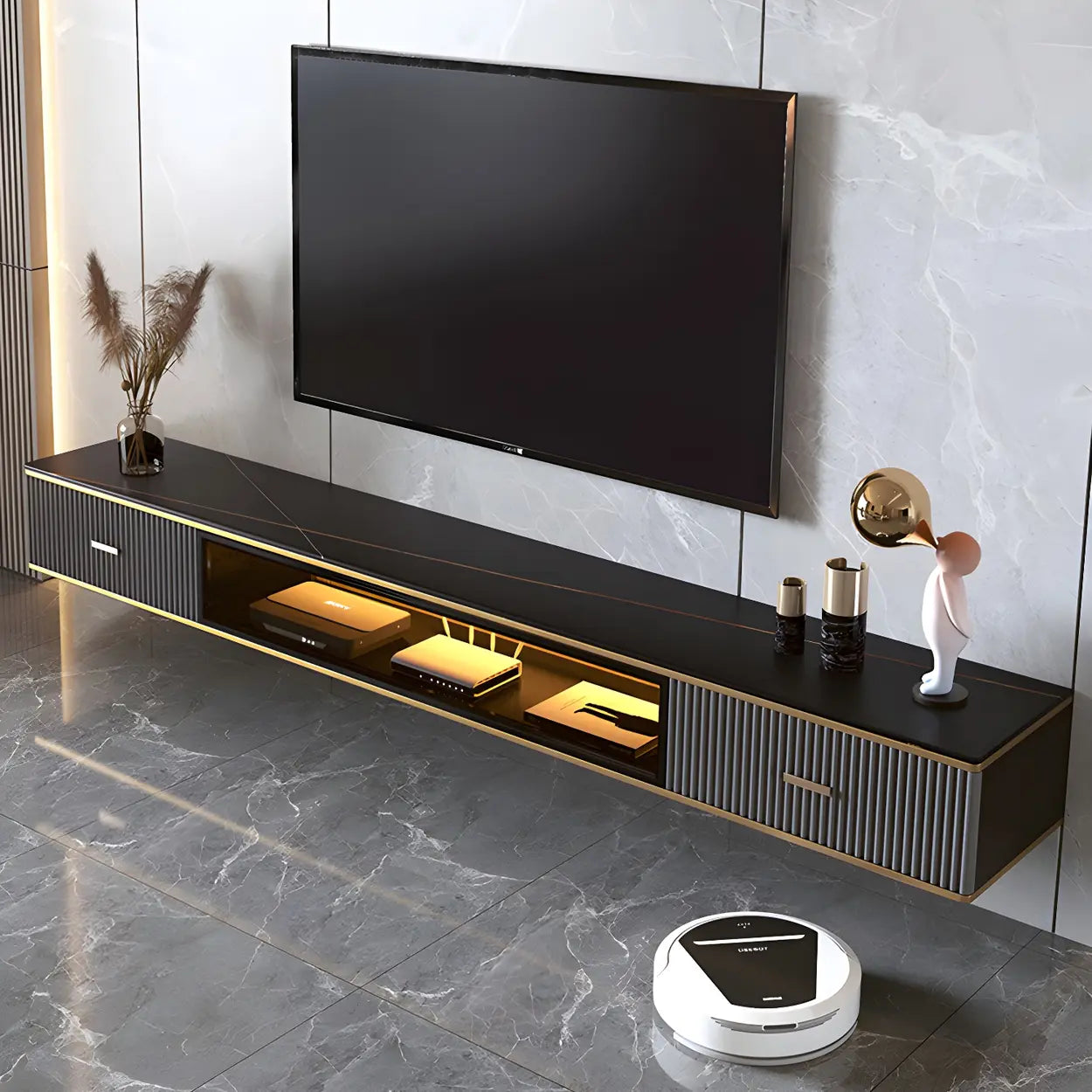Black Stone Floating TV Stand with Drawers — Champagne