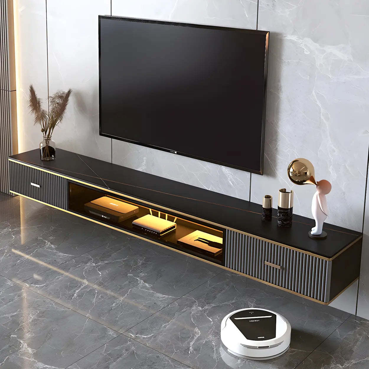 Black Stone Floating TV Stand with Drawers — Champagne