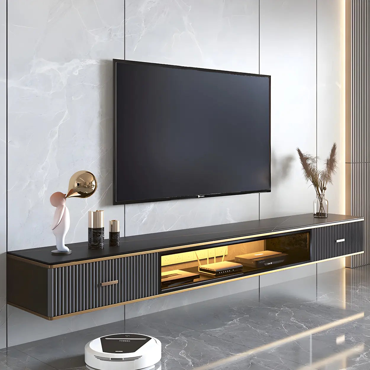 Black Stone Floating TV Stand with Drawers — Gray-White