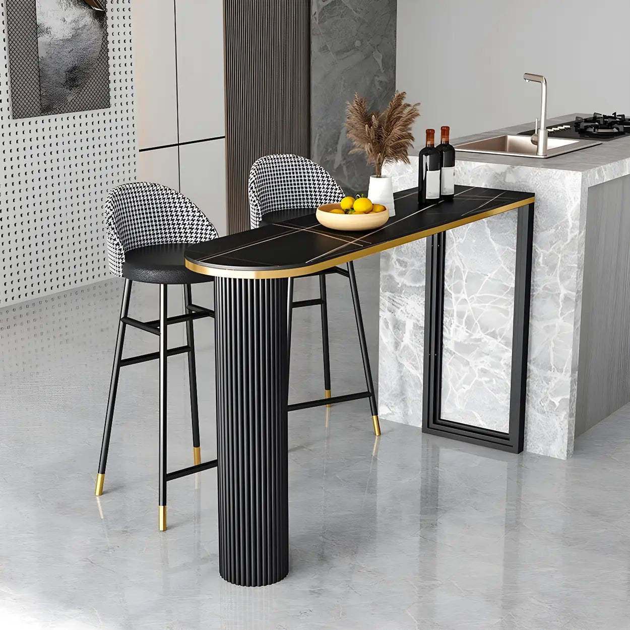Lighom modern oval tall black bar tables in stone metal iron