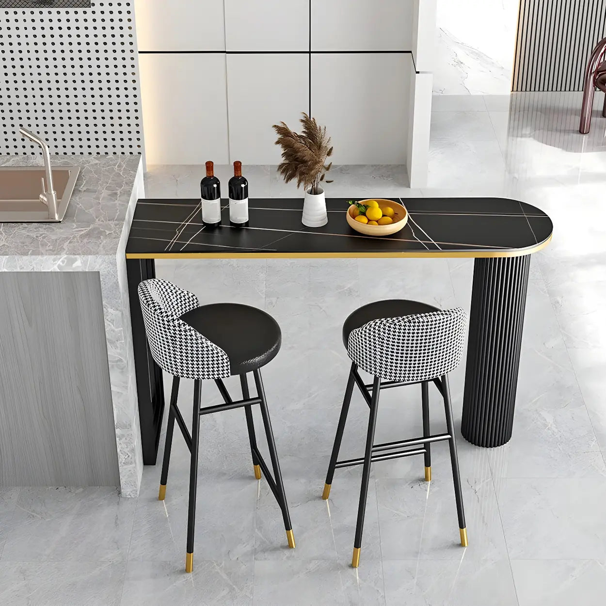 Black Stone Oval Tall Bar Table for Island Dining