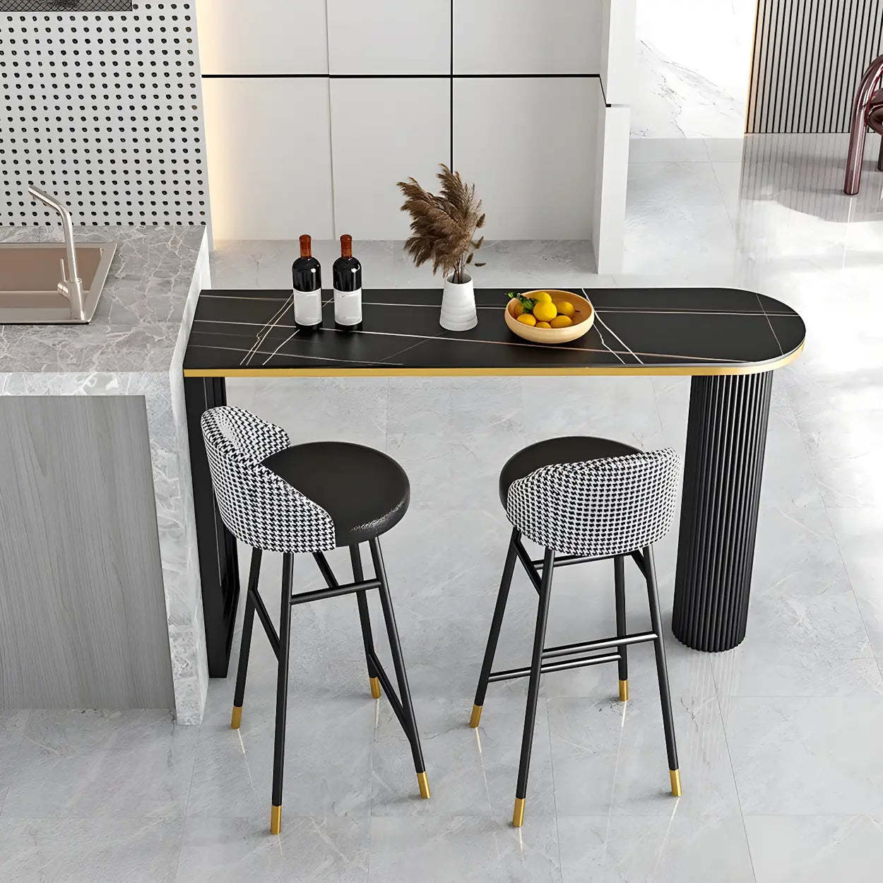 Black Stone Oval Tall Bar Table for Island Dining