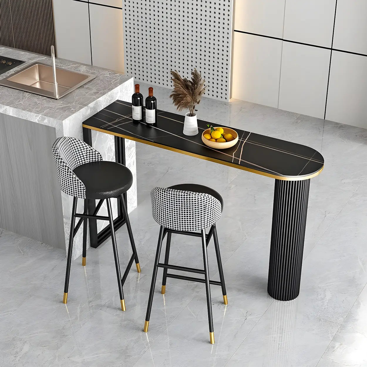 Black Stone Oval Tall Bar Table for Island Dining