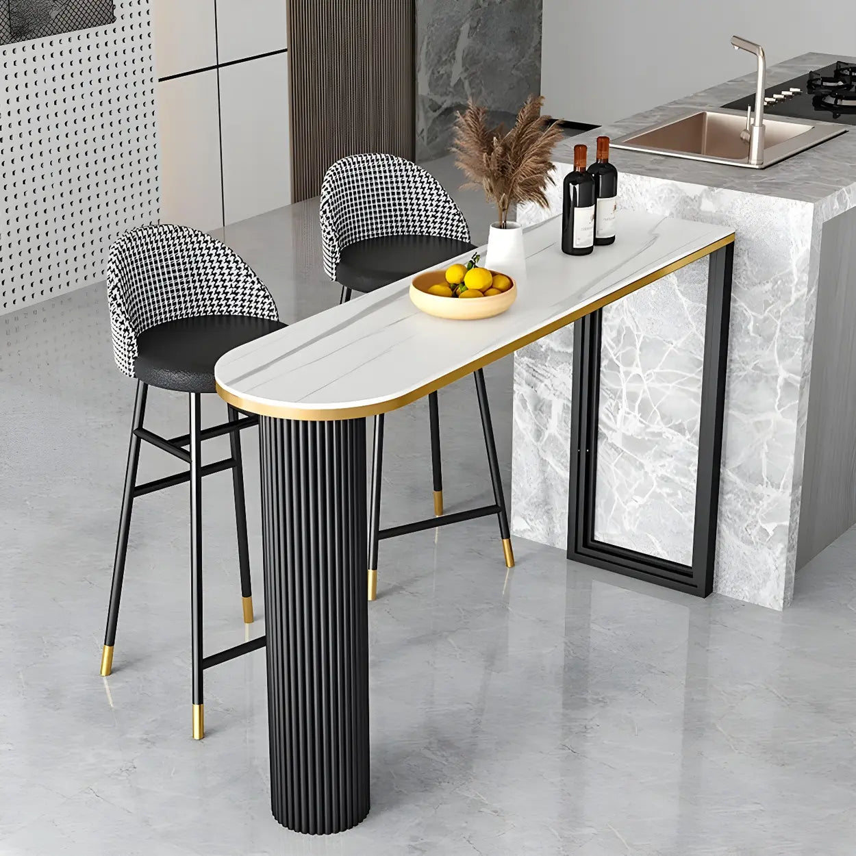 Black Stone Oval Tall Bar Table for Island Dining