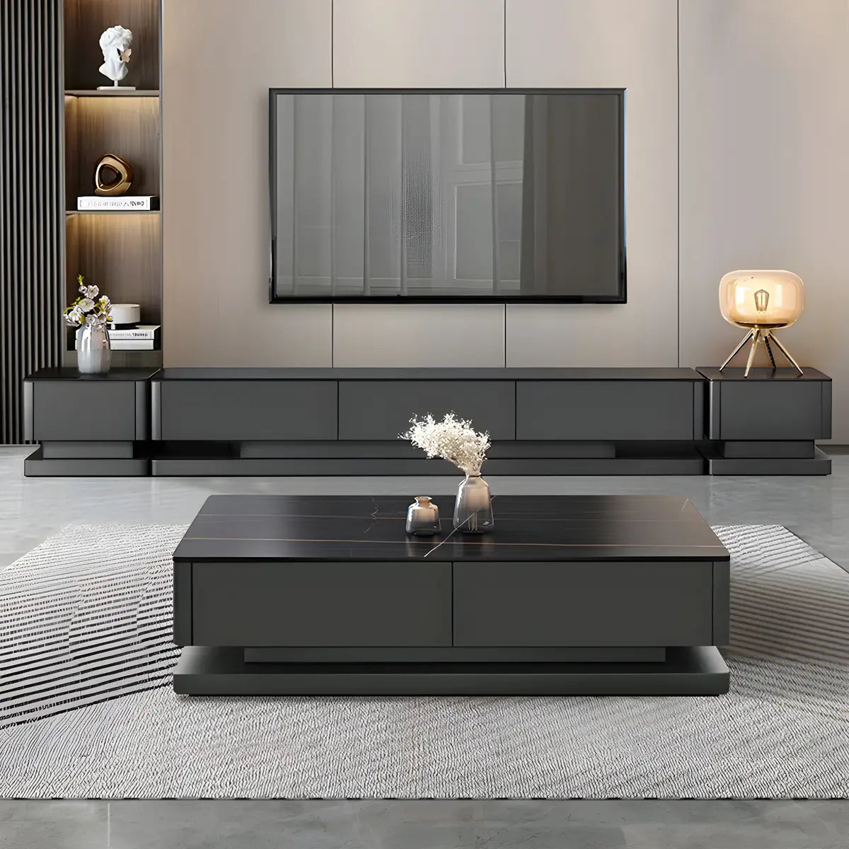 Black Stone Enclosed Drawer TV Stand — Black