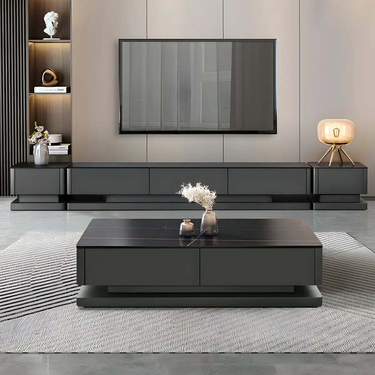Black Stone Enclosed Drawer TV Stand — Black