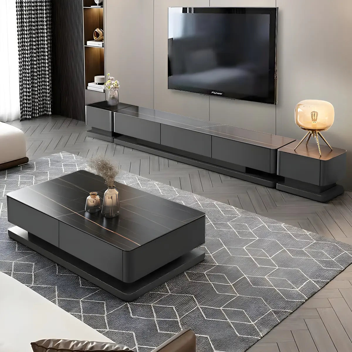 Black Stone Enclosed Drawer TV Stand — Black