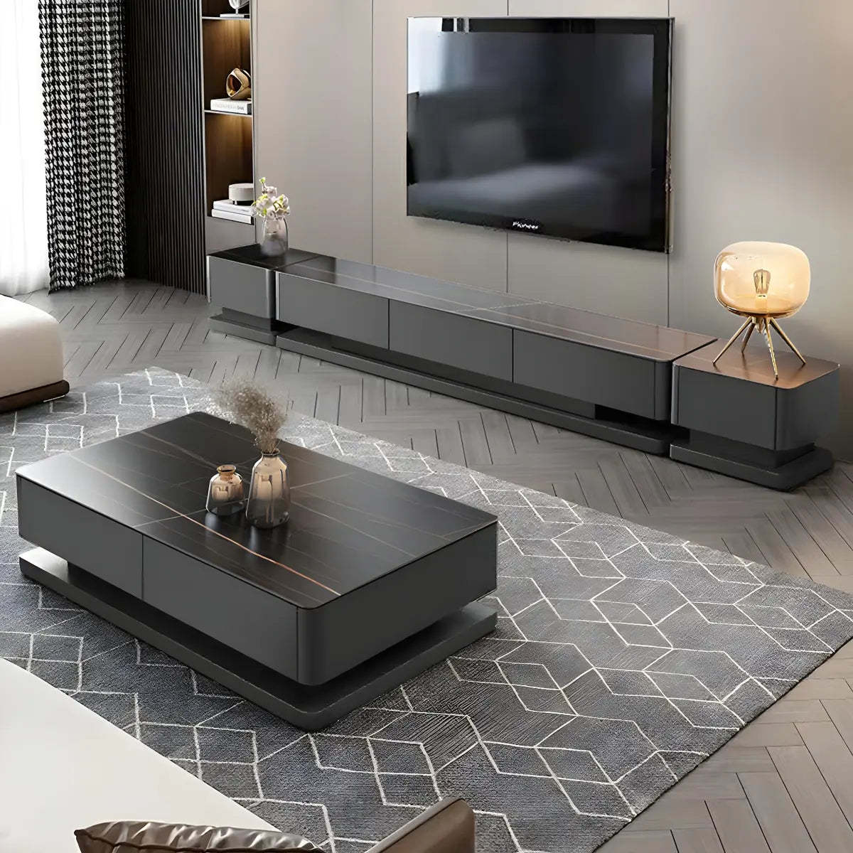 Black Stone Enclosed Drawer TV Stand — Black