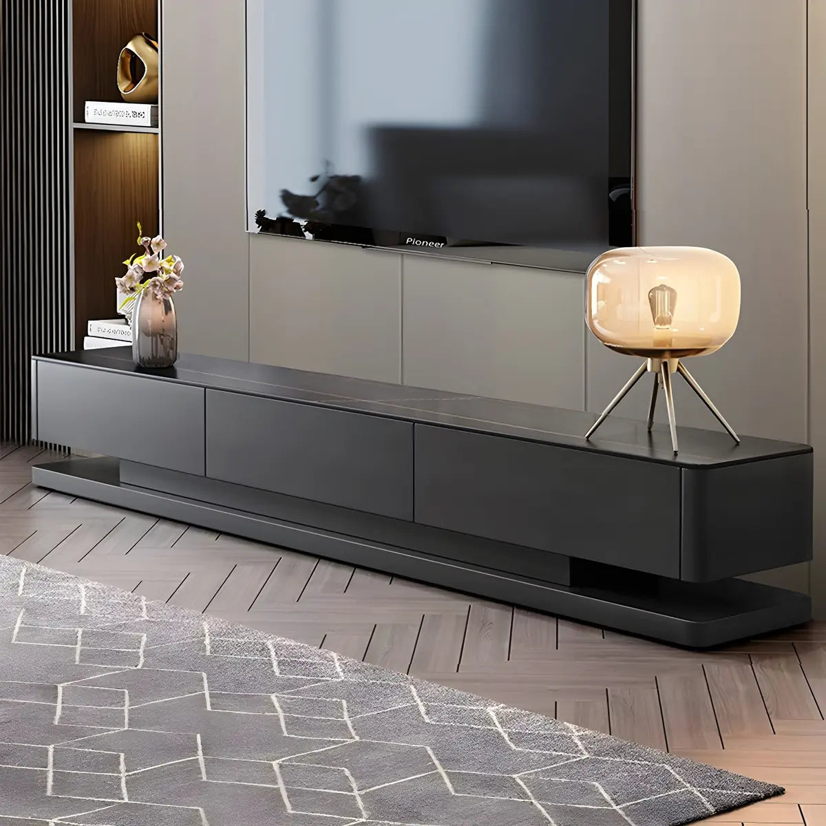 Black Stone Enclosed Drawer TV Stand — White