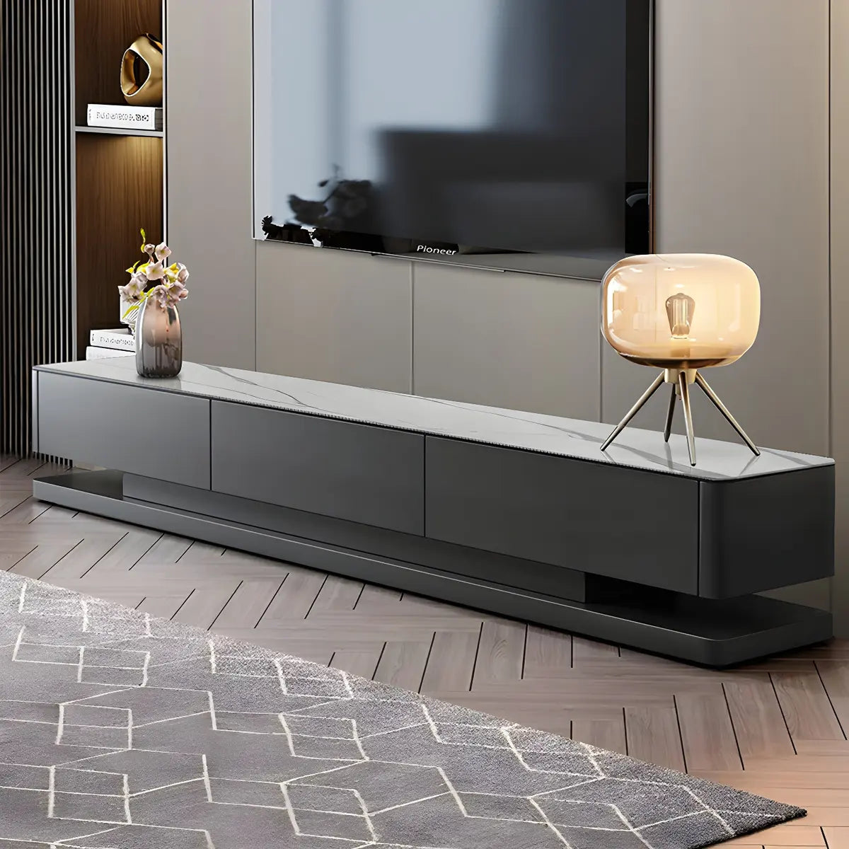 Black Stone Enclosed Drawer TV Stand — White