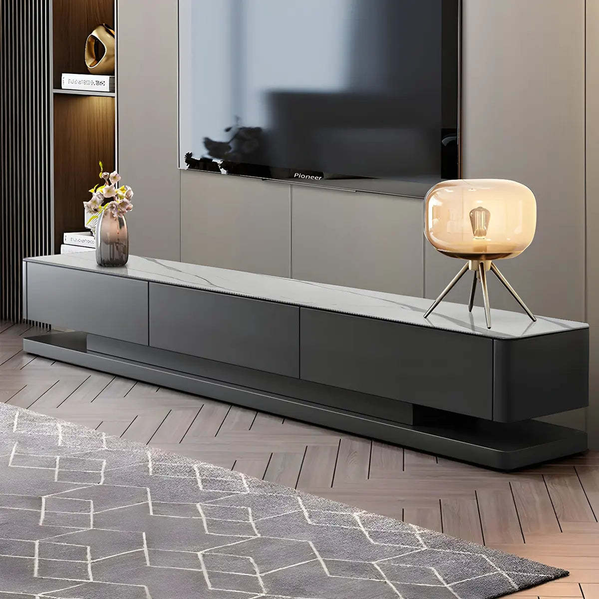 Black Stone Enclosed Drawer TV Stand — White