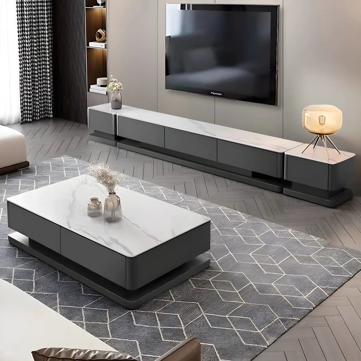 Black Stone Enclosed Drawer TV Stand