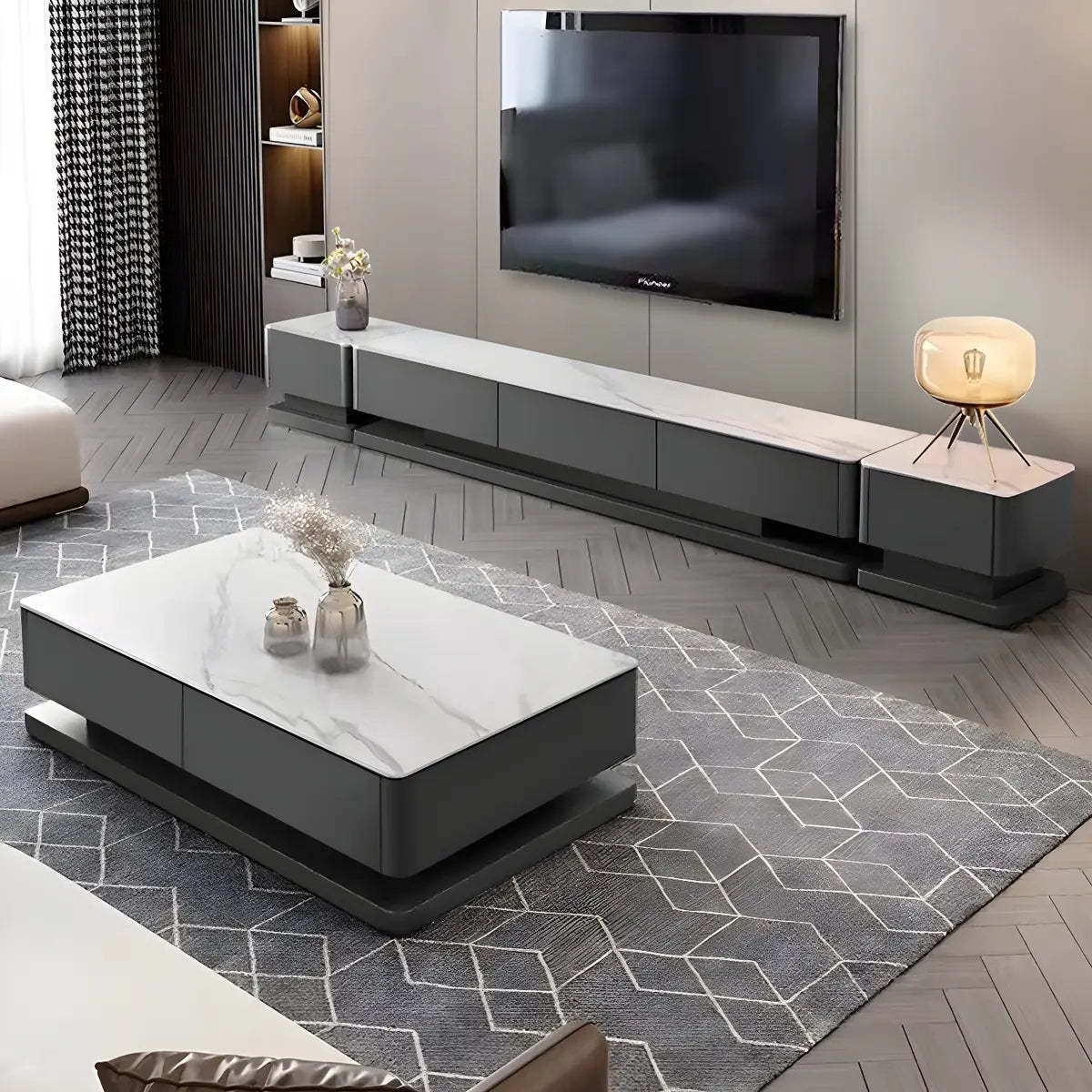 Black Stone Enclosed Drawer TV Stand