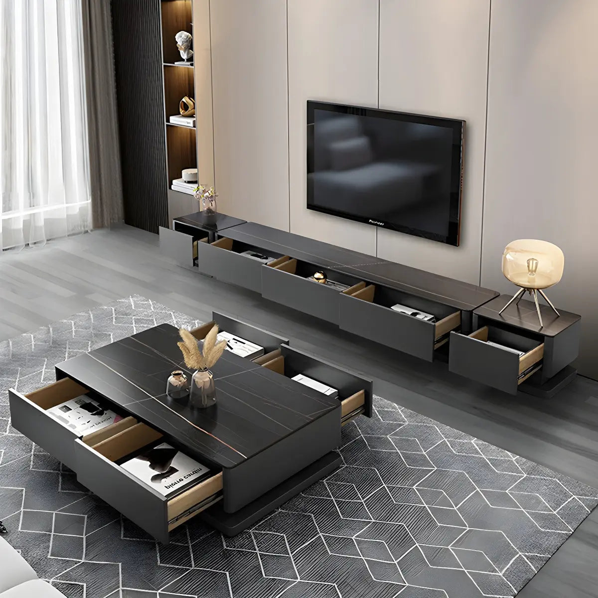 Black Stone Enclosed Drawer TV Stand