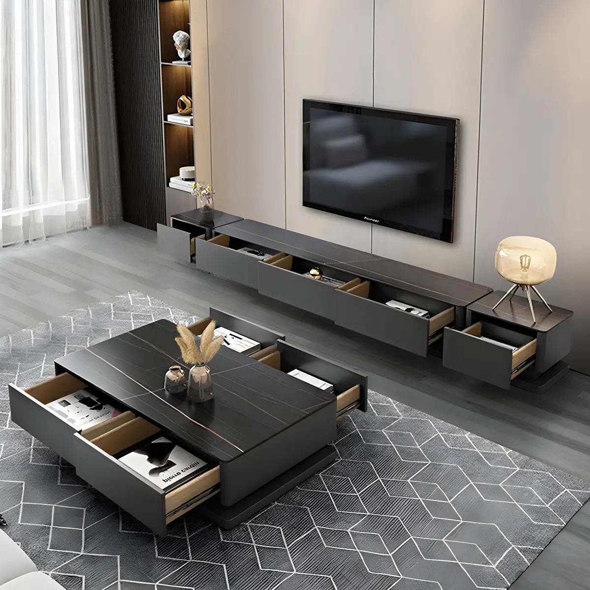 Black Stone Enclosed Drawer TV Stand