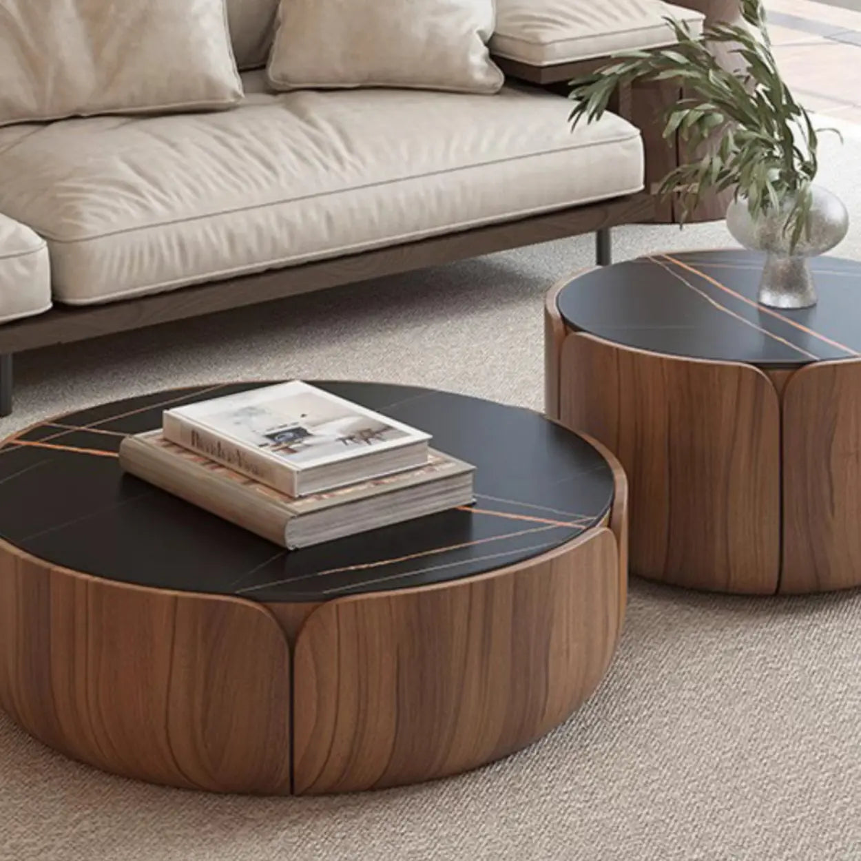 Black Stone Round Brown Wood Storage Coffee Table