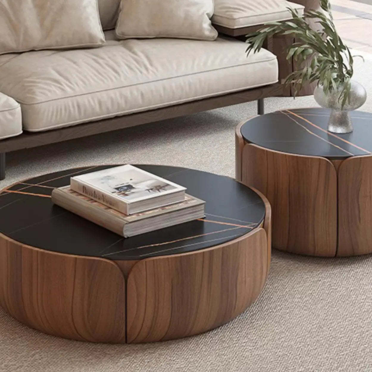 Black Stone Round Brown Wood Storage Coffee Table