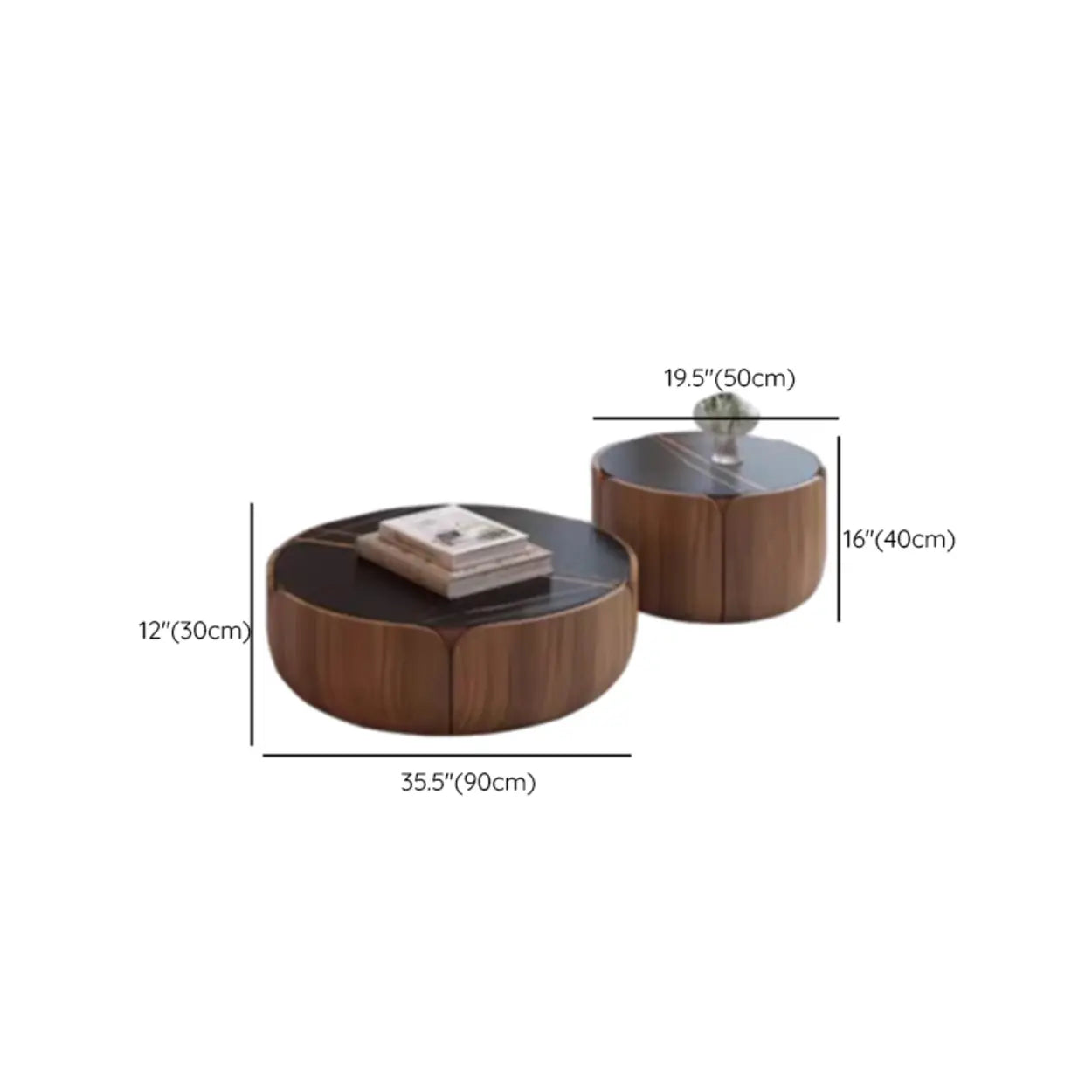 Black Stone Round Brown Wood Storage Coffee Table