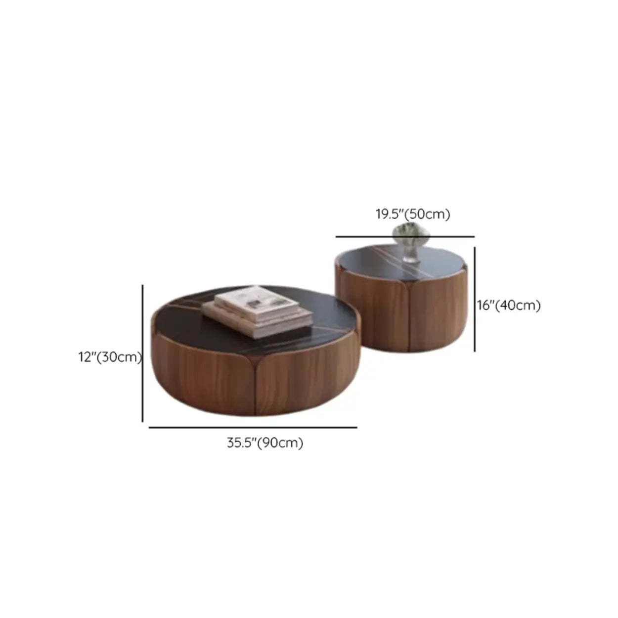 Black Stone Round Brown Wood Storage Coffee Table