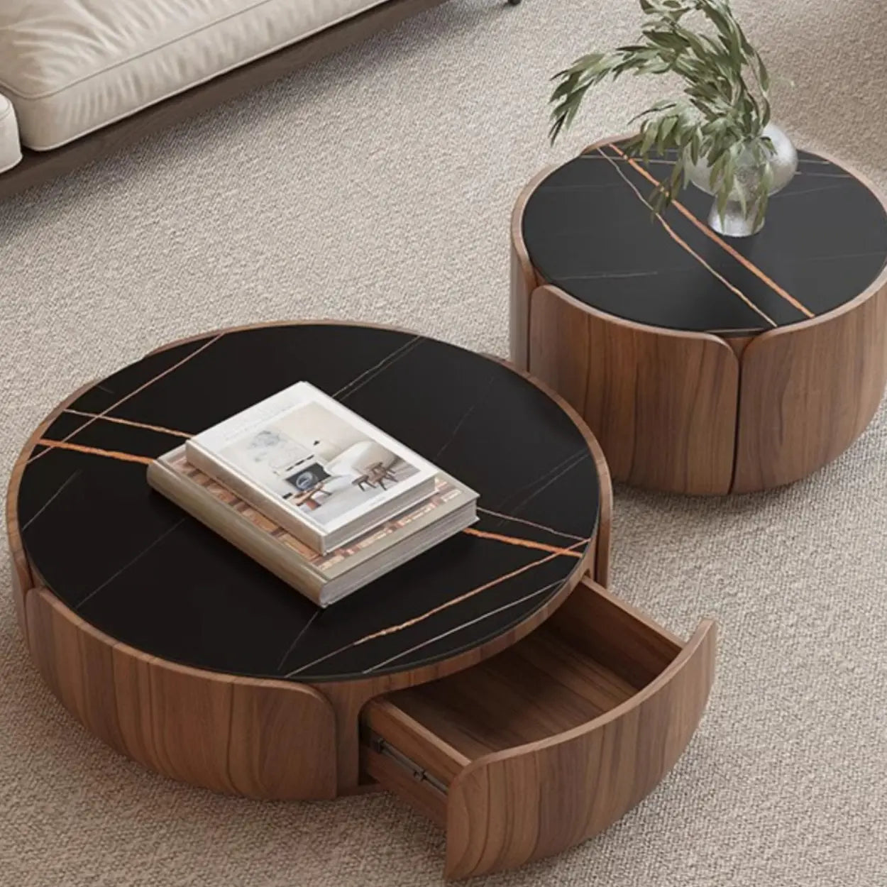 Brown wood round storage coffee tables - modern — 12" H x 35.5" Dia