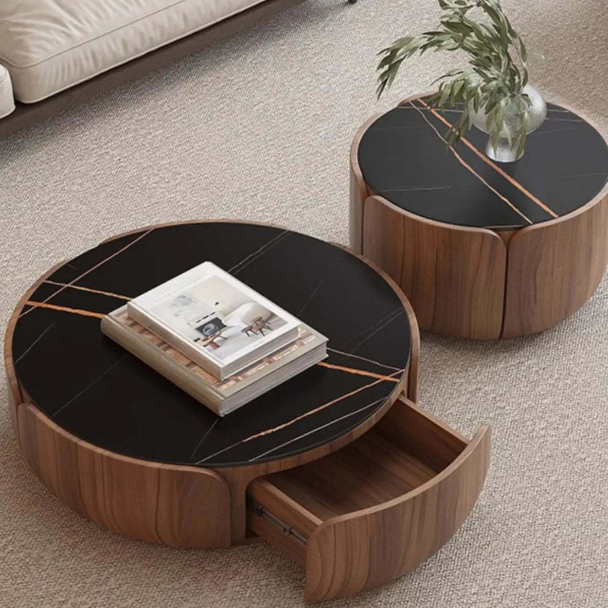Black Stone Round Brown Wood Storage Coffee Table