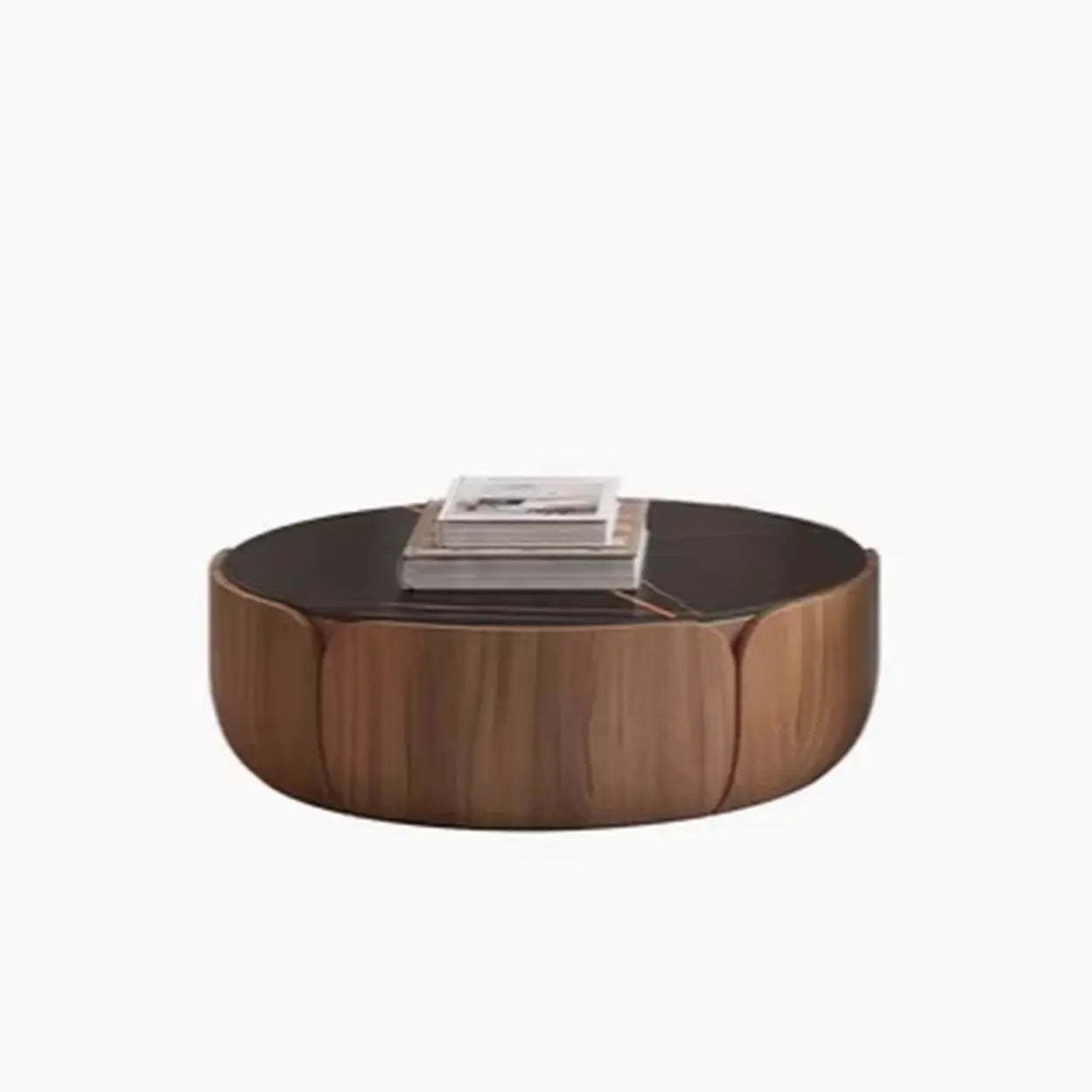 Black Stone Round Brown Wood Storage Coffee Table