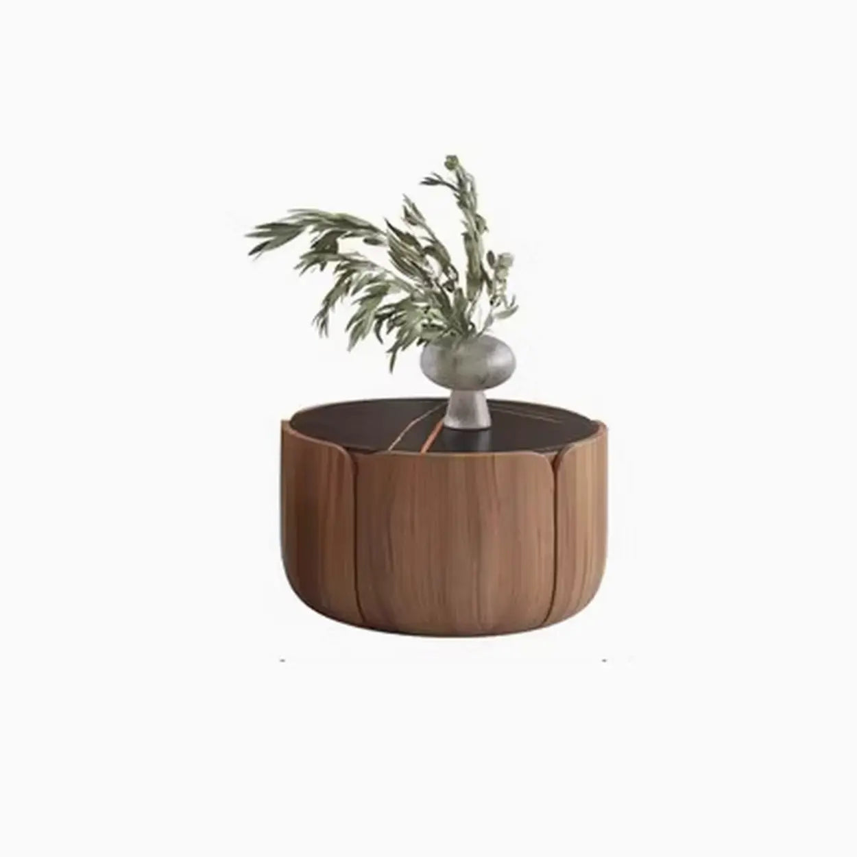 Black Stone Round Brown Wood Storage Coffee Table