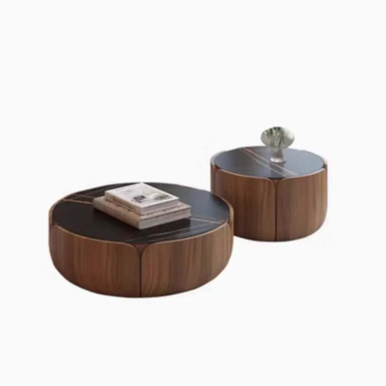Lighom modern storage round brown coffee tables — 35" Dia x 12" H & 20" Dia x 16" H