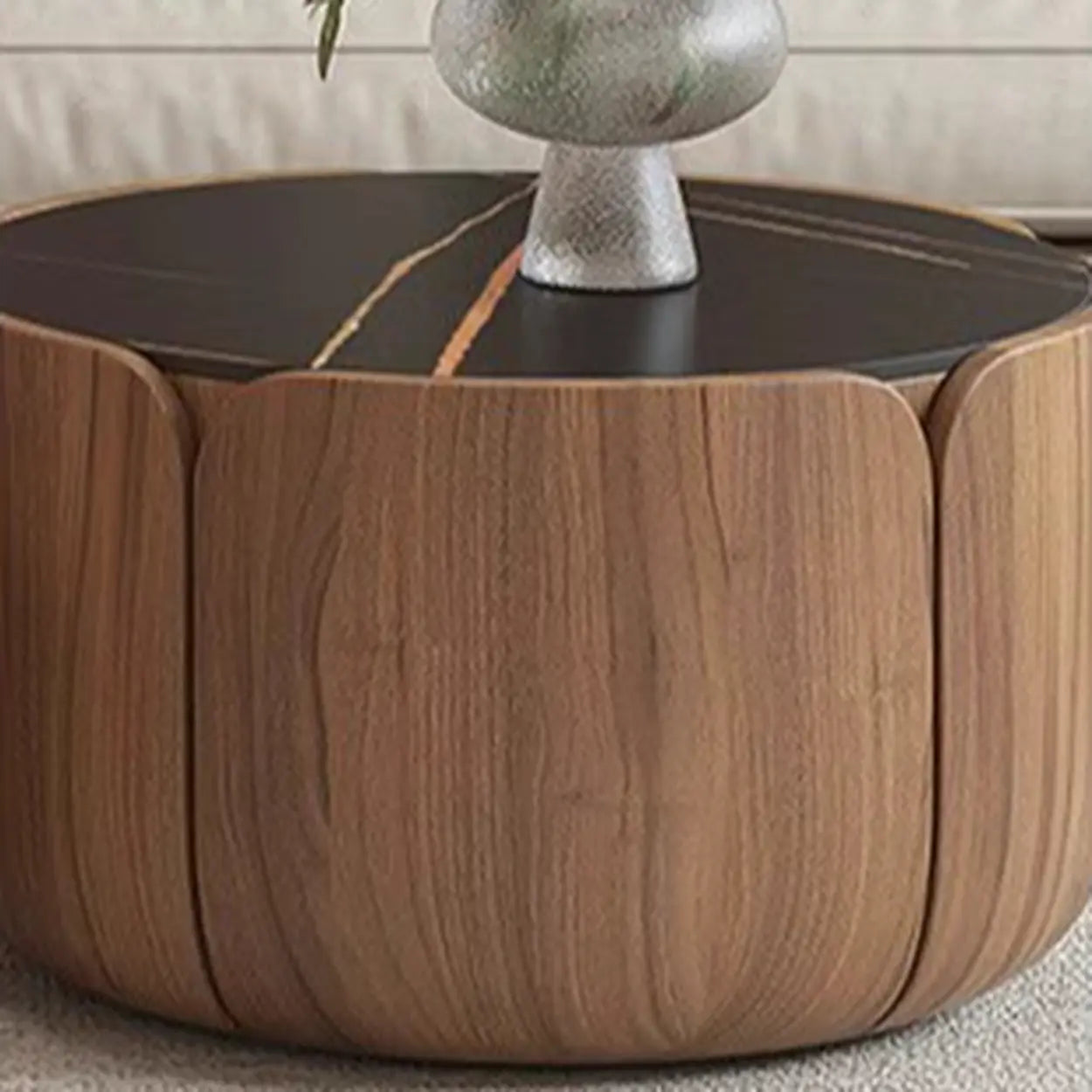 Black Stone Round Brown Wood Storage Coffee Table