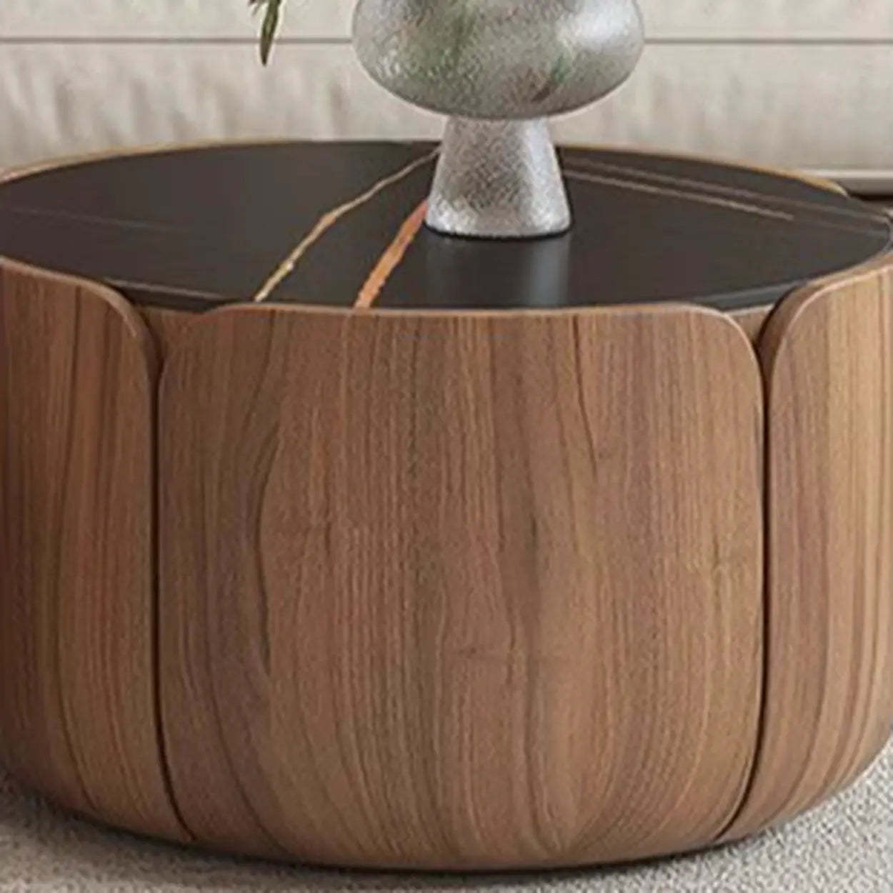 Black Stone Round Brown Wood Storage Coffee Table