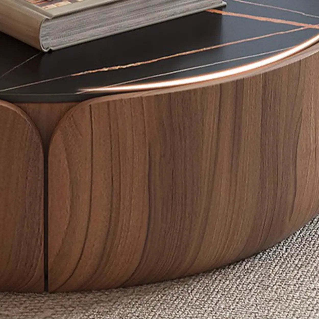 Black Stone Round Brown Wood Storage Coffee Table