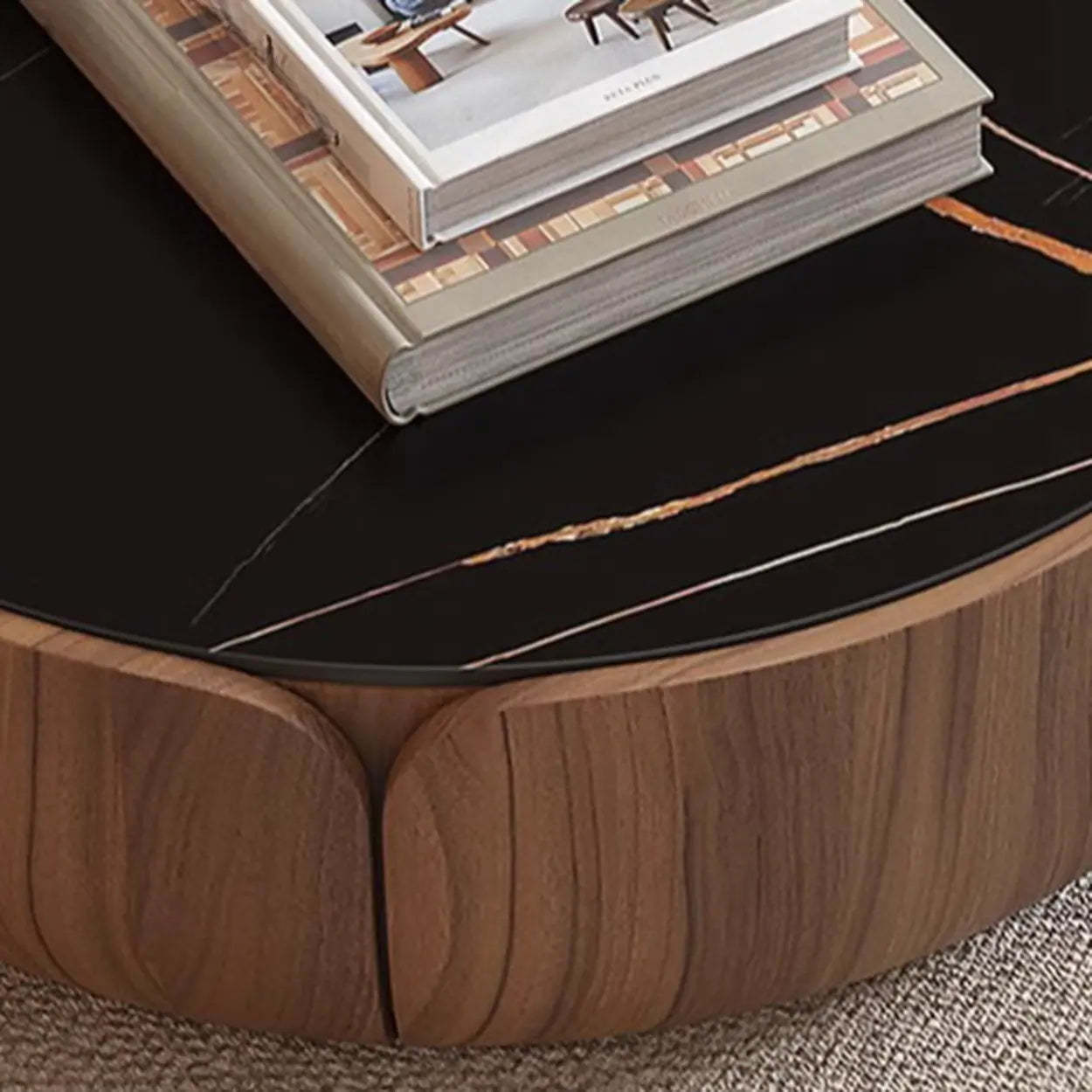 Black Stone Round Brown Wood Storage Coffee Table