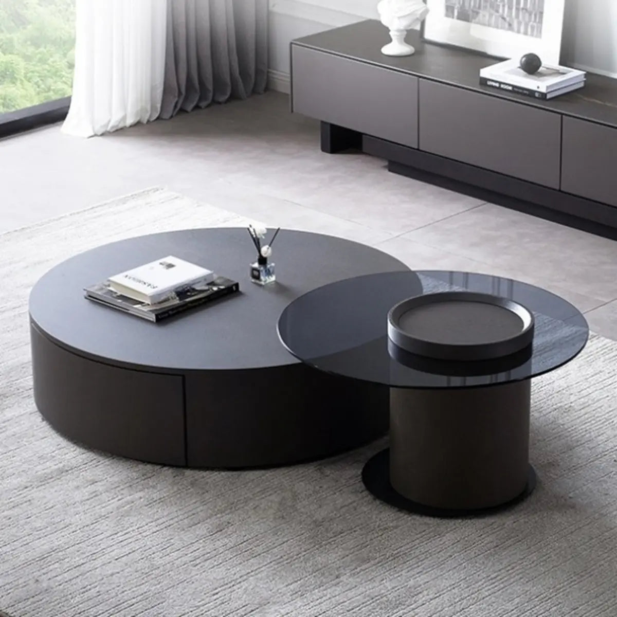 Black Stone Round Drawer Nesting Coffee Table