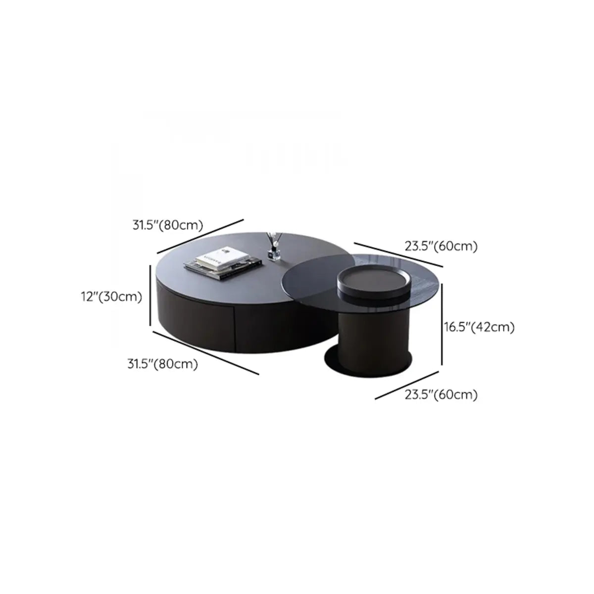 Black Stone Round Drawer Nesting Coffee Table