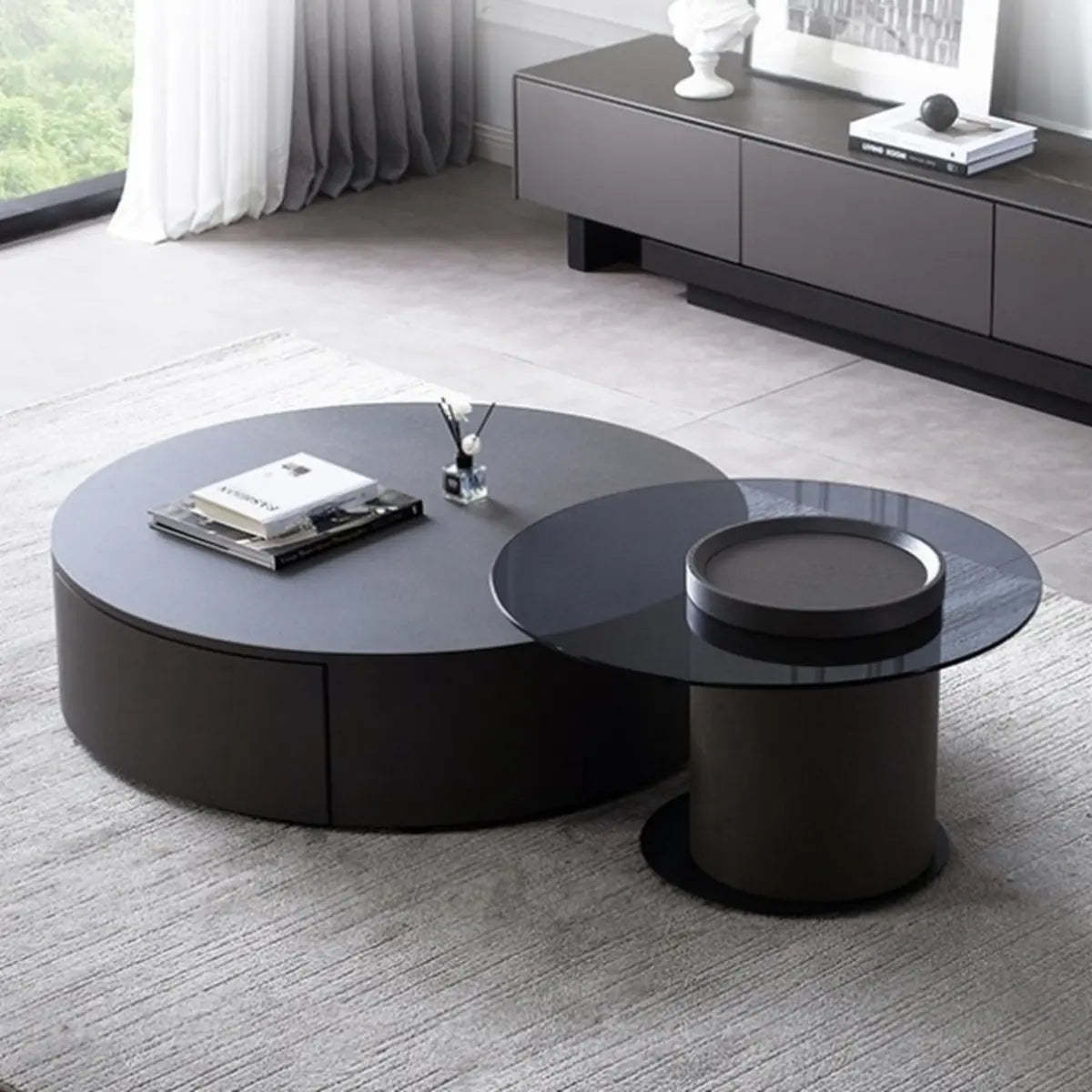 Black Stone Round Drawer Nesting Coffee Table