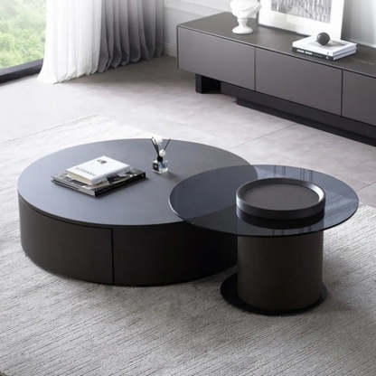 Black Stone Round Drawer Nesting Coffee Table