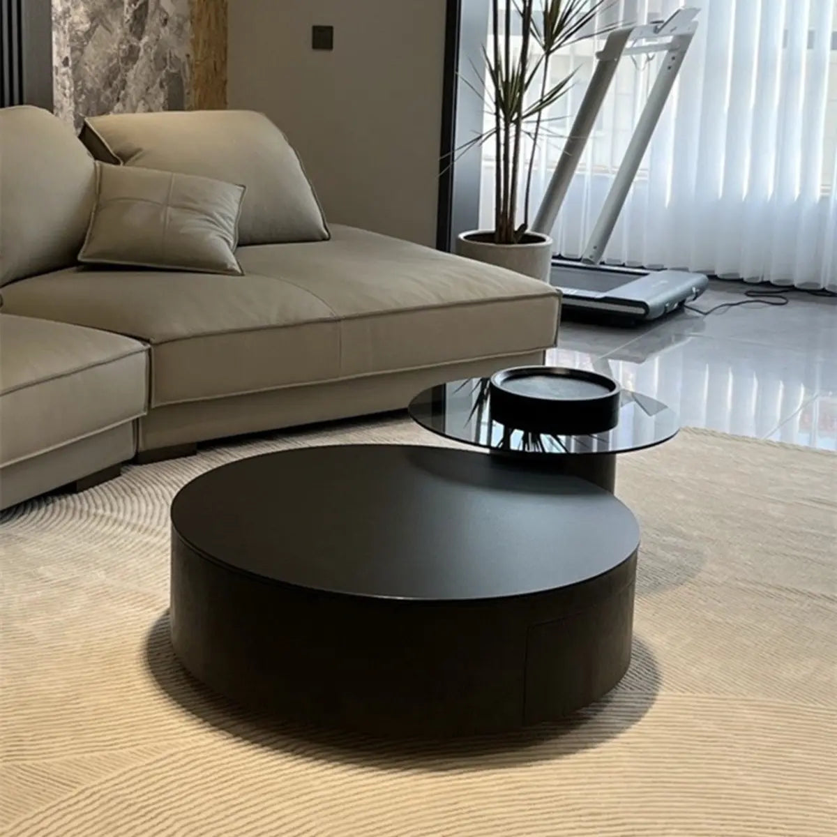 Black Stone Round Drawer Nesting Coffee Table