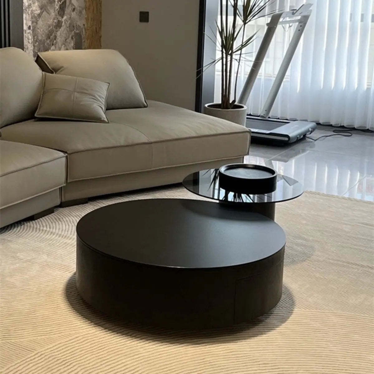 Black Stone Round Drawer Nesting Coffee Table