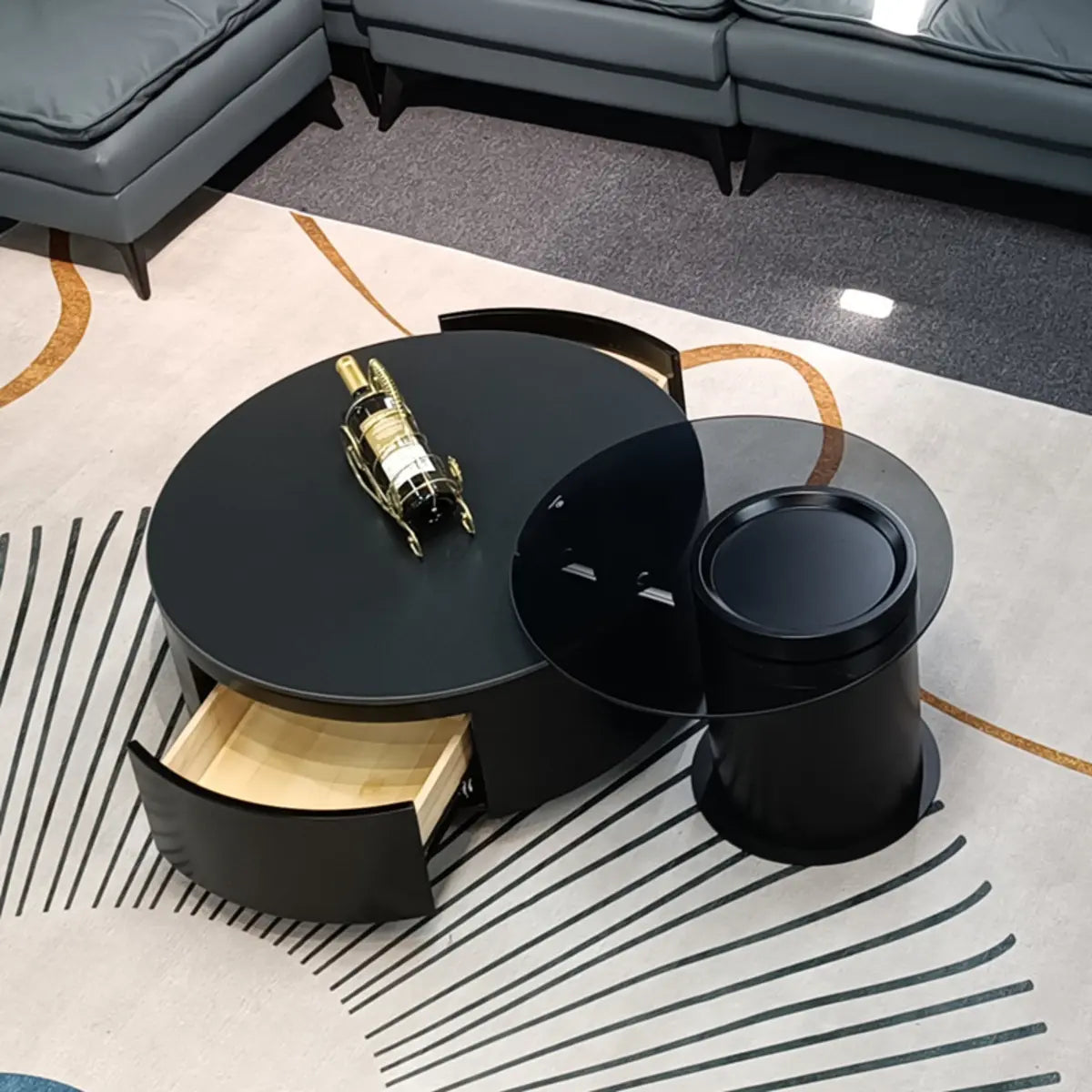 Black Stone Round Drawer Nesting Coffee Table
