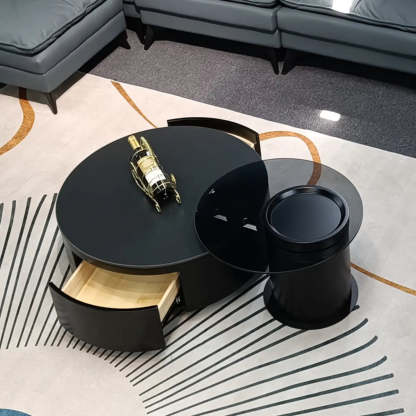 Black Stone Round Drawer Nesting Coffee Table