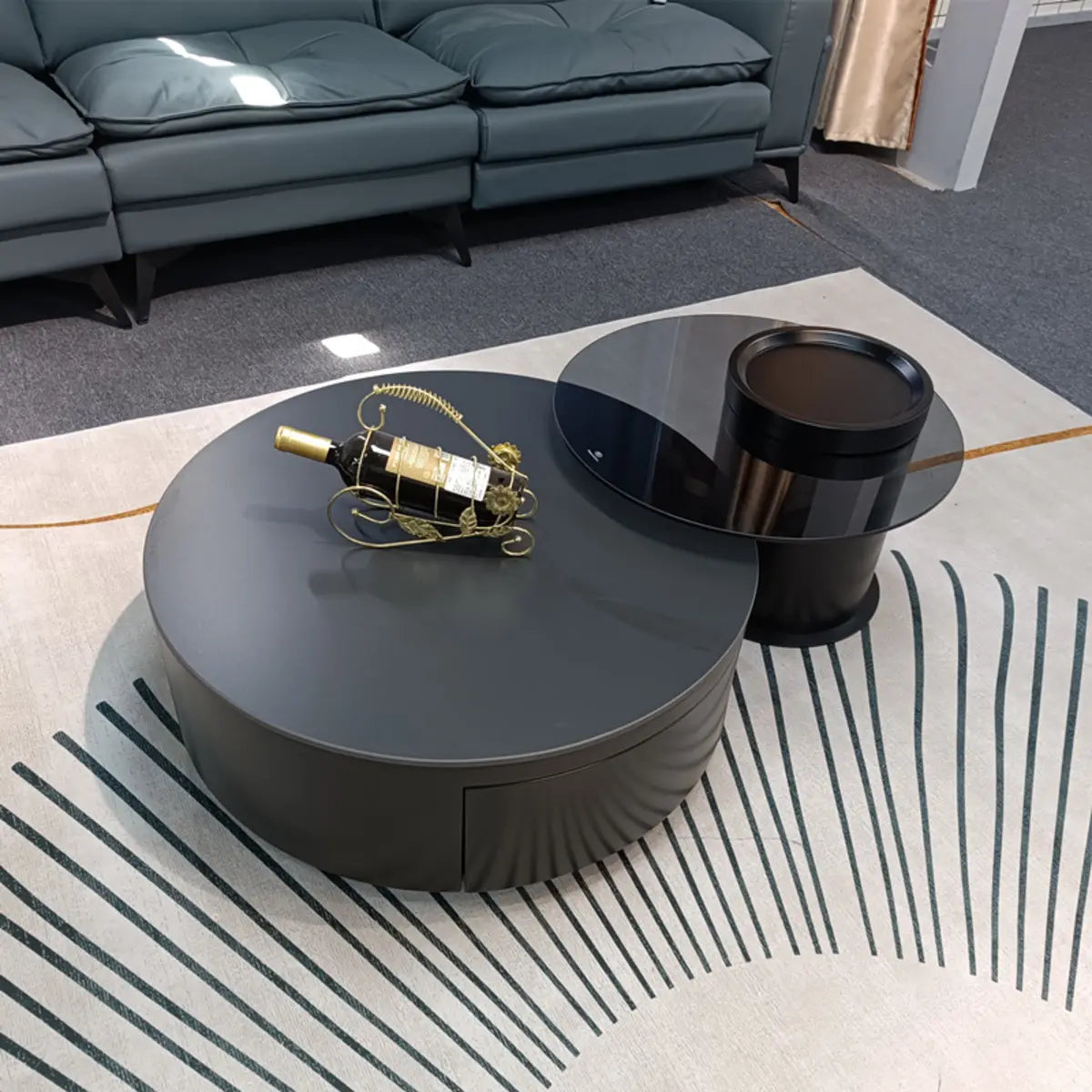 Black Stone Round Drawer Nesting Coffee Table