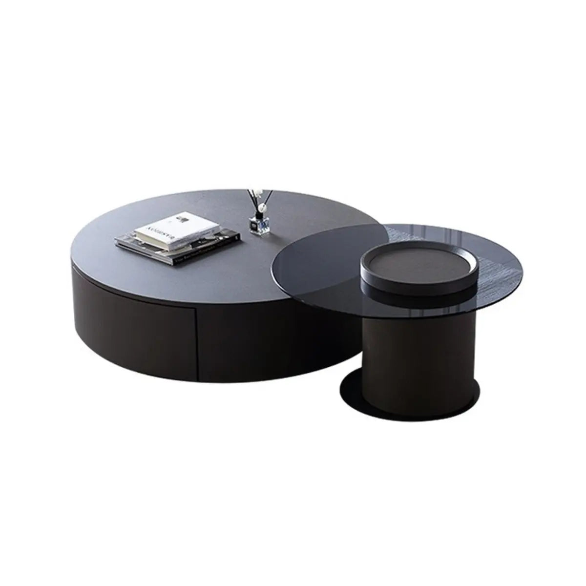 Black Stone Round Drawer Nesting Coffee Table