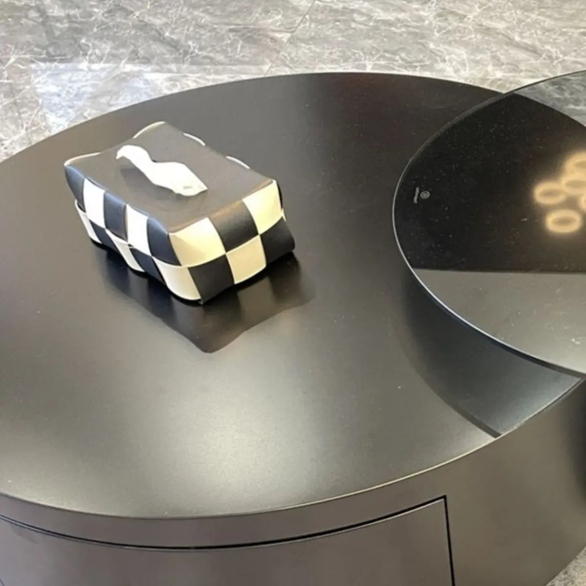 Black Stone Round Drawer Nesting Coffee Table