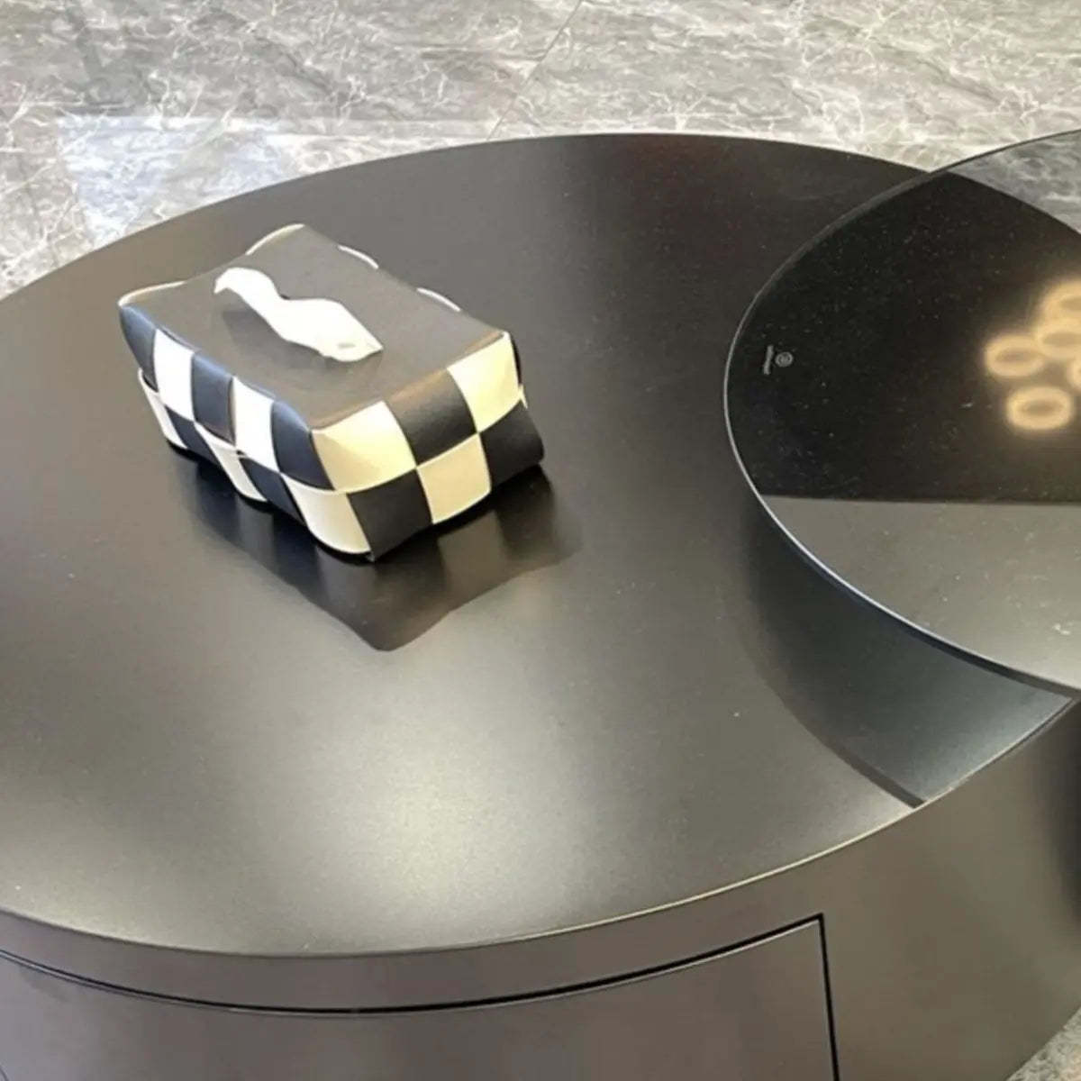 Black Stone Round Drawer Nesting Coffee Table